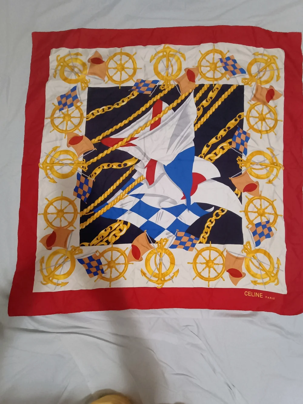 Celine Red, Navy, White & Gold Nautical Silk Scarf
